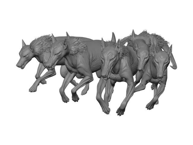3D model for A pack of lean hounds with charcoal-plated fur cracking to reveal glowing embers beneath, snarling, low to the ground, mid-charge, dust kicked up around their paws. Three lean canine creatures, cracked charcoal-plate fur texture, low aggressive stance, bases arranged as a running pack.