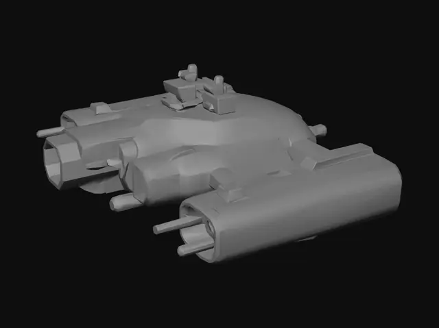 3D model for Low-poly boss enemy heavy gunship, military game asset for top-down view.
Large intimidating armored aerial vehicle, wider and bulkier than regular
drones. Red and dark metal color scheme with orange glowing engines.
Angular armored plating, multiple gun emplacements visible from above.
Approximately 2-3x larger than standard unit. No background, centered.
Game-ready, GLB format.