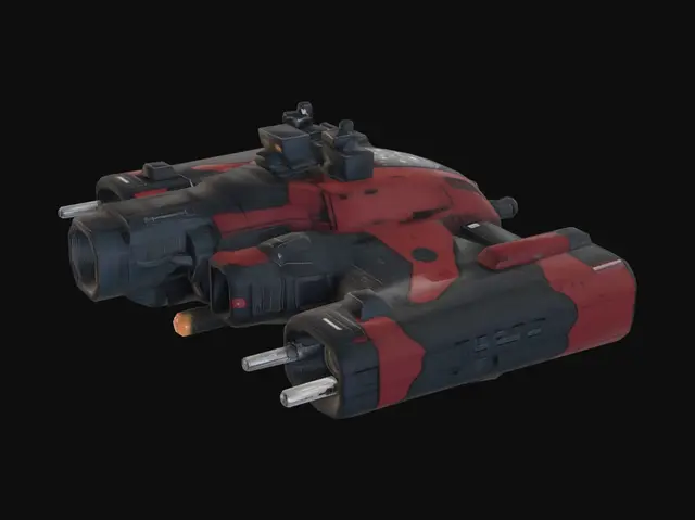 3D model for Low-poly boss enemy heavy gunship, military game asset for top-down view.
Large intimidating armored aerial vehicle, wider and bulkier than regular
drones. Red and dark metal color scheme with orange glowing engines.
Angular armored plating, multiple gun emplacements visible from above.
Approximately 2-3x larger than standard unit. No background, centered.
Game-ready, GLB format.