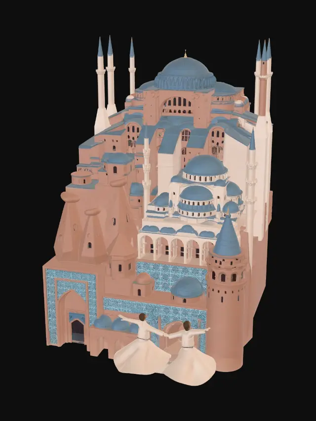 3D model for Websiteme arkaplan olarak ekleyecegim bir arkaplan resmi uret, keywords: Turkiye yapilari turkiye kulturu