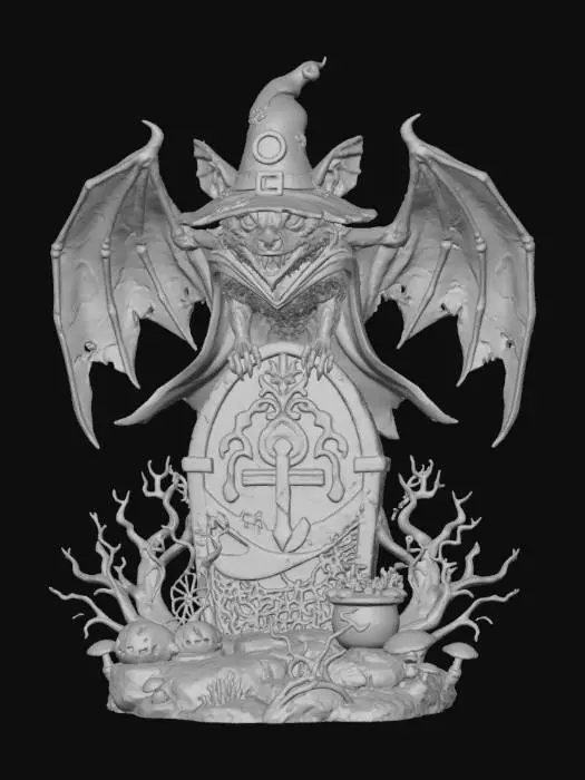 3D model for #Halloween2025#, stylized spooky halloween bat wizard, sitting on a stylized tombstone emerging from a halloween themed base, overall handpainted look and feel, masterfully crafted, extreme details, on neutral grey background, natural but slightly vibrant colors, well lit , distressed textures , extreme details, highest resolution, #Halloween2025#, #Halloween2025#
