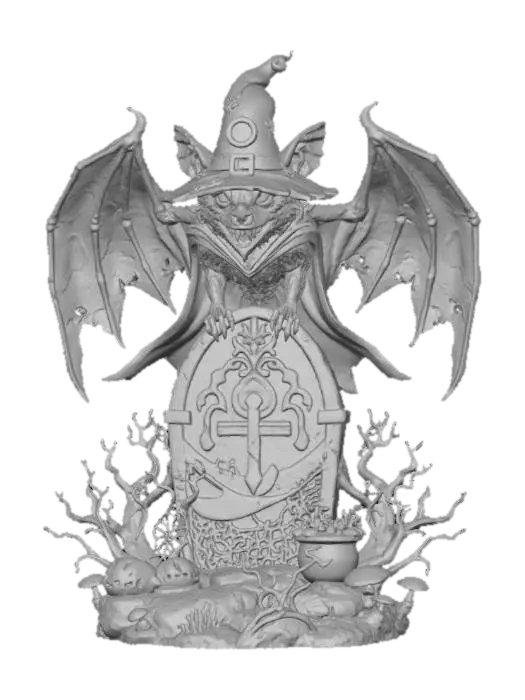 3D model for #Halloween2025#, stylized spooky halloween  bat wizard, sitting  on a stylized tombstone emerging from a  halloween themed base,  overall handpainted look and feel, masterfully crafted, extreme details,  on neutral grey background, natural but slightly vibrant colors, well lit , distressed textures ,  extreme details,  highest resolution,  #Halloween2025#, #Halloween2025#