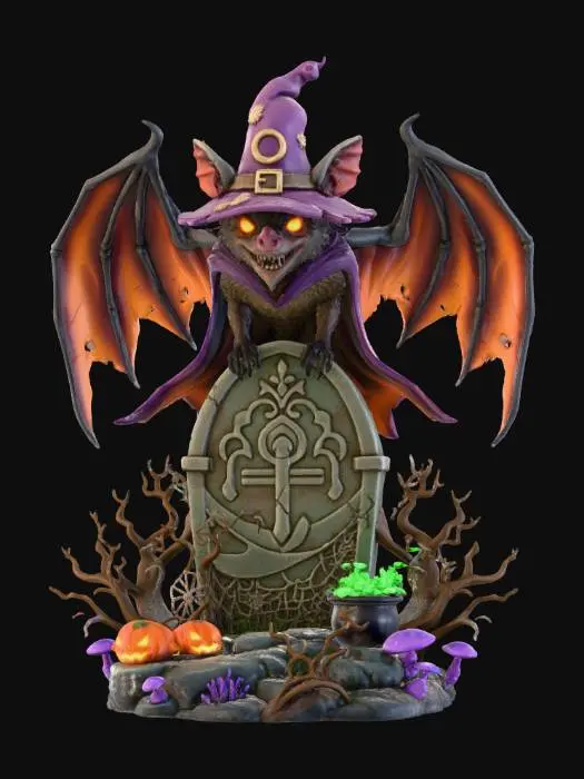 3D model for #Halloween2025#, stylized spooky halloween bat wizard, sitting on a stylized tombstone emerging from a halloween themed base, overall handpainted look and feel, masterfully crafted, extreme details, on neutral grey background, natural but slightly vibrant colors, well lit , distressed textures , extreme details, highest resolution, #Halloween2025#, #Halloween2025#