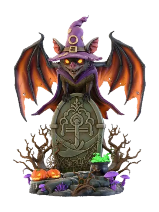 3D model for #Halloween2025#, stylized spooky halloween  bat wizard, sitting  on a stylized tombstone emerging from a  halloween themed base,  overall handpainted look and feel, masterfully crafted, extreme details,  on neutral grey background, natural but slightly vibrant colors, well lit , distressed textures ,  extreme details,  highest resolution,  #Halloween2025#, #Halloween2025#