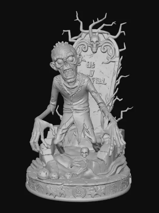 3D model for #Halloween2025#, stylized spooky halloween zombie, emerging from a grave in front of a stylized tombstone on a halloween themed base, overall handpainted look and feel, masterfully crafted, extreme details, on neutral grey background, natural but slightly vibrant colors, well lit , distressed textures , extreme details, highest resolution, pixar style meets tim burton#Halloween2025#, #Halloween2025#