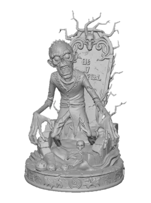 3D model for #Halloween2025#, stylized spooky halloween zombie, emerging from a grave in front of a stylized tombstone on  a  halloween themed base,  overall handpainted look and feel, masterfully crafted, extreme details,  on neutral grey background, natural but slightly vibrant colors, well lit , distressed textures ,  extreme details,  highest resolution,  pixar style meets tim burton#Halloween2025#, #Halloween2025#