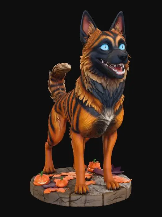 3D model for #Halloween2025#, ultra realistic cute belgian malinois chesire dog on a simple halloween themed base, masterfully crafted, extreme details, on neutral grey background, natural but slightly vibrant colors, well lit , , extreme details, highest resolution, #Halloween2025#, #Halloween2025#
