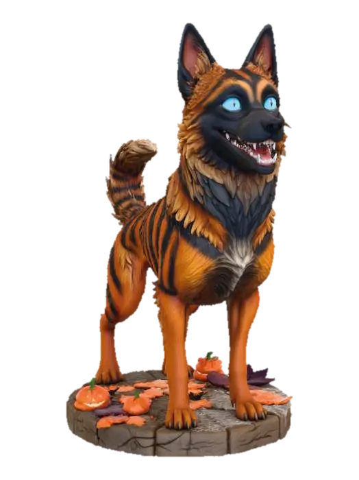 3D model for #Halloween2025#, ultra realistic cute belgian malinois chesire dog on  a simple halloween themed base,  masterfully crafted, extreme details,  on neutral grey background, natural but slightly vibrant colors, well lit , ,  extreme details,  highest resolution,    #Halloween2025#, #Halloween2025#
