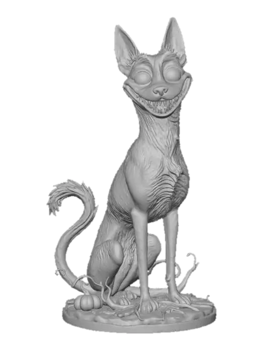 3D model for #Halloween2025#, ultra realistic cute belgian malinois chesire dog on  a simple halloween themed base,  masterfully crafted, extreme details,  on neutral grey background, vibrant colors, well lit , ,  extreme details, tim burton style highest resolution, evil grin    #Halloween2025#, #Halloween2025#