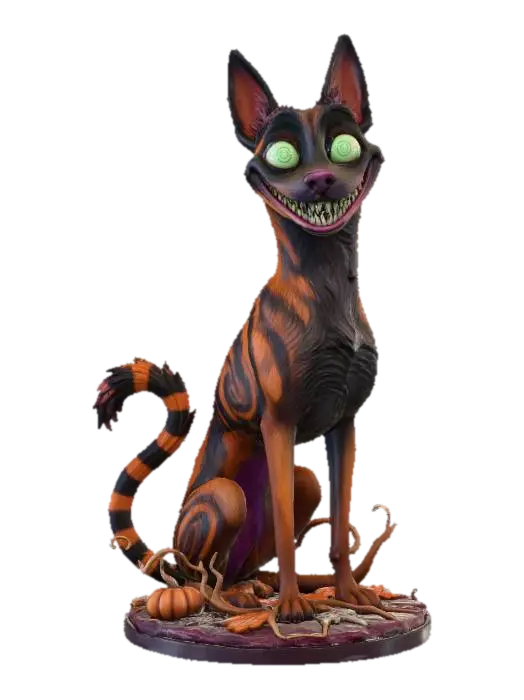 3D model for #Halloween2025#, ultra realistic cute belgian malinois chesire dog on  a simple halloween themed base,  masterfully crafted, extreme details,  on neutral grey background, vibrant colors, well lit , ,  extreme details, tim burton style highest resolution, evil grin    #Halloween2025#, #Halloween2025#