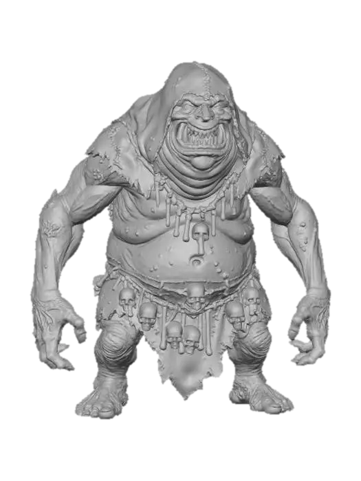 3D model for a grey chavant figurine of amassive, hulking  hideous, obese, fat and disgusting  cave troll wearing a huge rugged d.i.y. hood shadows his face, and rough tribal leather d.i.y. attire stitched together with rough leather  strings,  human bones and skulls are hanging from his belt,  ultra realistic, natural dynamic a pose, extreme details, on neutral mid grey background, studio lighting, exaggerated proportions, long arms, big head and feet, big eyes, wide mouth full of chaotic irregular teeth, evil grin, greedy look in his eyes, gnarly look and feel, utterly ugly , infected wrinkly skin covered with blisters, warts, utterly fat and obese, high frequency details on skin