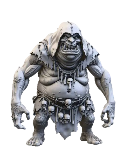 3D model for a grey chavant figurine of amassive, hulking  hideous, obese, fat and disgusting  cave troll wearing a huge rugged d.i.y. hood shadows his face, and rough tribal leather d.i.y. attire stitched together with rough leather  strings,  human bones and skulls are hanging from his belt,  ultra realistic, natural dynamic a pose, extreme details, on neutral mid grey background, studio lighting, exaggerated proportions, long arms, big head and feet, big eyes, wide mouth full of chaotic irregular teeth, evil grin, greedy look in his eyes, gnarly look and feel, utterly ugly , infected wrinkly skin covered with blisters, warts, utterly fat and obese, high frequency details on skin