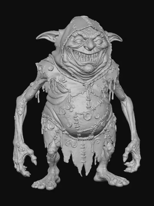 3D model for a grey chavant figurine of a hideous, obese, fat and disgusting  cave goblin wearing a very  big rugged d.i.y. hood, and rough tribal leather d.i.y. attire stitched together with rough leather  strings,   ultra realistic, natural dynamic a pose, extreme details, on neutral mid grey background, studio lighting, exaggerated proportions, long arms, big head and feet, big eyes, wide mouth full of chaotic irregular teeth, evil grin, insane look in his eyes, gnarly look and feel, utterly ugly , infected wrinkly skin covered with blisters, warts, utterly fat and obese, high frequency details on skin