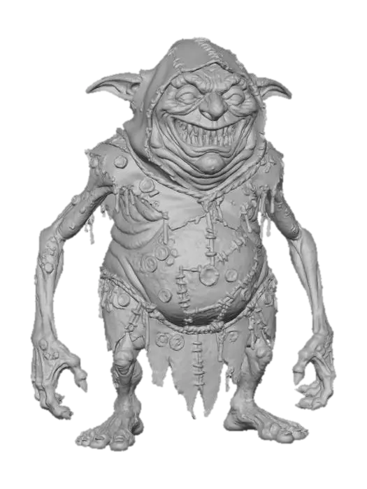3D model for a grey chavant figurine of a hideous, obese, fat and disgusting  cave goblin wearing a very  big rugged d.i.y. hood, and rough tribal leather d.i.y. attire stitched together with rough leather  strings,   ultra realistic, natural dynamic a pose, extreme details, on neutral mid grey background, studio lighting, exaggerated proportions, long arms, big head and feet, big eyes, wide mouth full of chaotic irregular teeth, evil grin, insane look in his eyes, gnarly look and feel, utterly ugly , infected wrinkly skin covered with blisters, warts, utterly fat and obese, high frequency details on skin