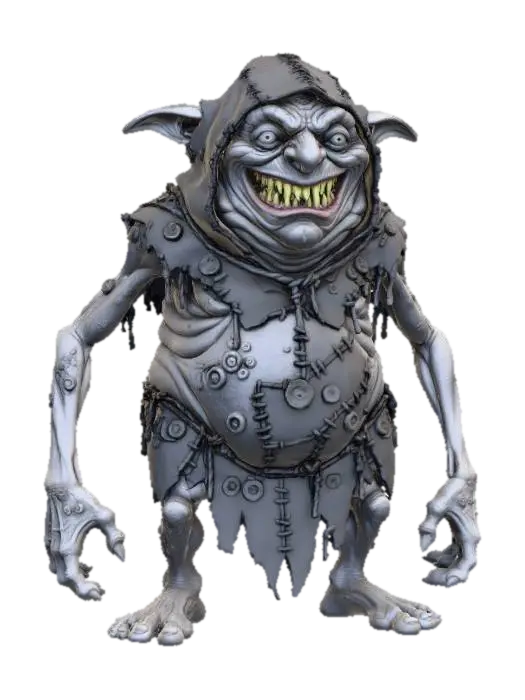 3D model for a grey chavant figurine of a hideous, obese, fat and disgusting  cave goblin wearing a very  big rugged d.i.y. hood, and rough tribal leather d.i.y. attire stitched together with rough leather  strings,   ultra realistic, natural dynamic a pose, extreme details, on neutral mid grey background, studio lighting, exaggerated proportions, long arms, big head and feet, big eyes, wide mouth full of chaotic irregular teeth, evil grin, insane look in his eyes, gnarly look and feel, utterly ugly , infected wrinkly skin covered with blisters, warts, utterly fat and obese, high frequency details on skin