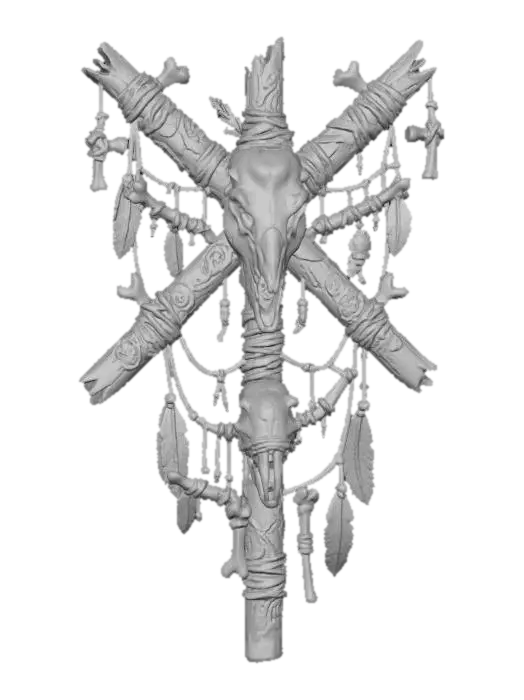3D model for a witch craft totem, featuring an animal skull strapped to wooden sticks, with rough leather strips,  d.i.y style, primitive, tribal, blair witch inspired, witcher style, tribal elements,  small bones , ultra realistic, creepy , dark and gloomy,  extreme details ,on neutral mid grey background, studio lighting, dark and gloomy,  natural muted colors, gloomy horror,  utterly disturbing, complex game asset
