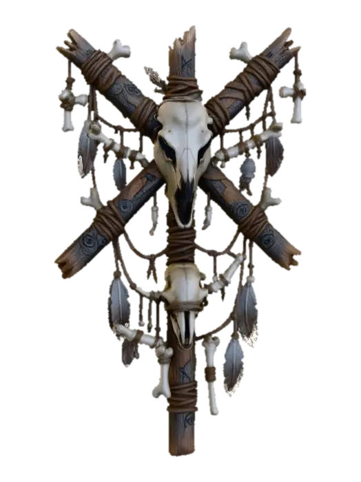 3D model for a witch craft totem, featuring an animal skull strapped to wooden sticks, with rough leather strips,  d.i.y style, primitive, tribal, blair witch inspired, witcher style, tribal elements,  small bones , ultra realistic, creepy , dark and gloomy,  extreme details ,on neutral mid grey background, studio lighting, dark and gloomy,  natural muted colors, gloomy horror,  utterly disturbing, complex game asset