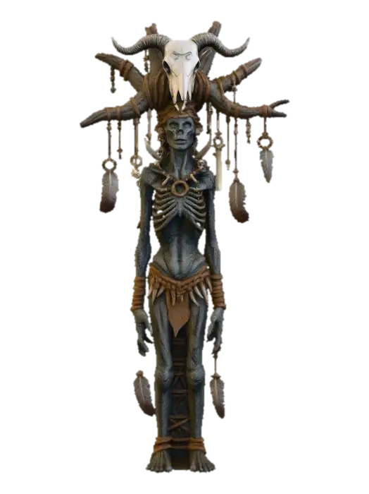 a chavant or clay tall witch craft totem, featuring an emaciated body topped animal… - Diy 3D model, vytvořený pomocí AI