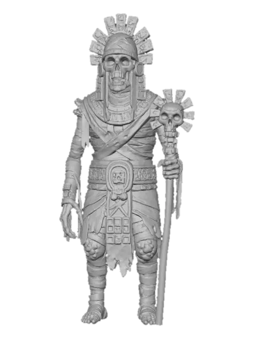 3D model for a chavant or clay aztec mummy of an ancient death god, creepy , dark and gloomy, extreme details ,on neutral mid grey background, studio lighting, dark and gloomy, natural muted colors, gloomy horror, utterly disturbing, morbid, complex game asset