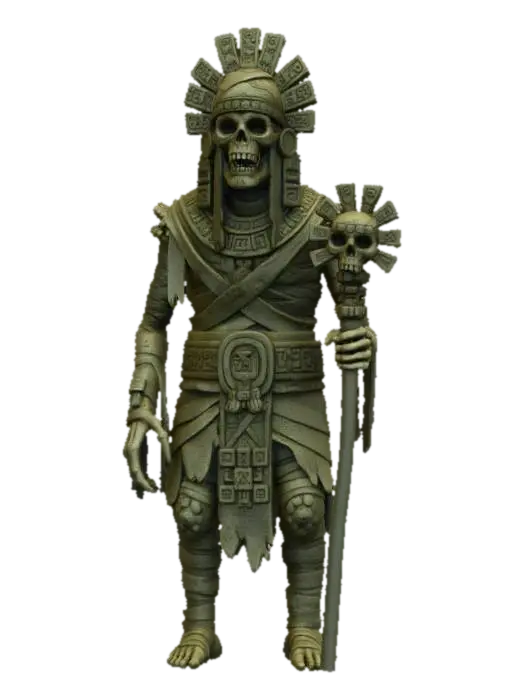 3D model for a chavant or clay aztec mummy of an ancient death god, creepy , dark and gloomy, extreme details ,on neutral mid grey background, studio lighting, dark and gloomy, natural muted colors, gloomy horror, utterly disturbing, morbid, complex game asset