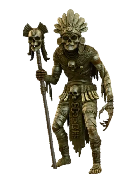 a chavant or clay aztec mummy of an ancient death god, creepy , dark and gloomy,… 3D model, vytvořený pomocí AI
