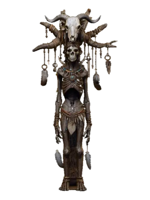 a chavant or clay tall witch craft totem, featuring an emaciated body topped animal… - Diy 3D model, vytvořený pomocí AI