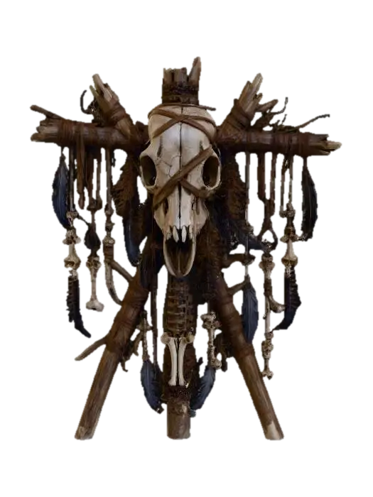 a witch craft totem, featuring an animal skull strapped to wooden sticks, with rough… - Diy 3D model, vytvořený pomocí AI