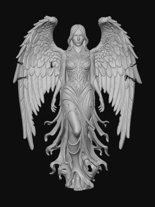 3D model for Highly detailed digital painting of angelic female sculpture, dark fantasy angel of death, beautiful face, made of a dark, weathered stone, possibly obsidian or basalt. She has large, feathered wings that are partially broken and chipped, suggesting age and battles fought. Her face is serene but sorrowful, with eyes that seem to hold ancient secrets. She wears tattered, gothic-style robes that cling to her form. dark and gloomy,
extreme details ,on neutral mid grey background, studio lighting, dark and gloomy, natural muted colors, lost, , gloomy horror, no weapon, design patterns inspired by HR Giger, utterly disturbing,