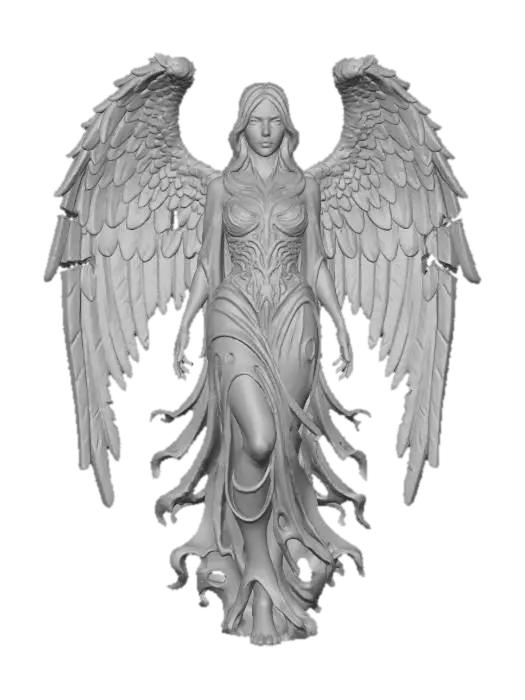 3D model for Highly detailed digital painting of angelic female sculpture, dark fantasy angel of death, beautiful face, made of a dark, weathered stone, possibly obsidian or basalt. She has large, feathered wings that are partially broken and chipped, suggesting age and battles fought. Her face is serene but sorrowful, with eyes that seem to hold ancient secrets. She wears tattered, gothic-style robes that cling to her form. dark and gloomy,
extreme details ,on neutral mid grey background, studio lighting, dark and gloomy, natural muted colors, lost, , gloomy horror, no weapon, design patterns inspired by HR Giger, utterly disturbing,