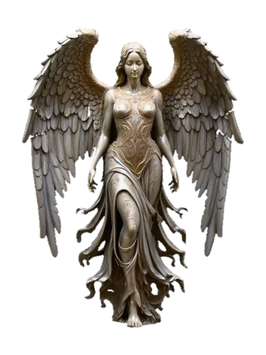 3D model for Highly detailed digital painting of angelic female sculpture, dark fantasy angel of death, beautiful face, made of a dark, weathered stone, possibly obsidian or basalt. She has large, feathered wings that are partially broken and chipped, suggesting age and battles fought. Her face is serene but sorrowful, with eyes that seem to hold ancient secrets. She wears tattered, gothic-style robes that cling to her form. dark and gloomy,
extreme details ,on neutral mid grey background, studio lighting, dark and gloomy, natural muted colors, lost, , gloomy horror, no weapon, design patterns inspired by HR Giger, utterly disturbing,