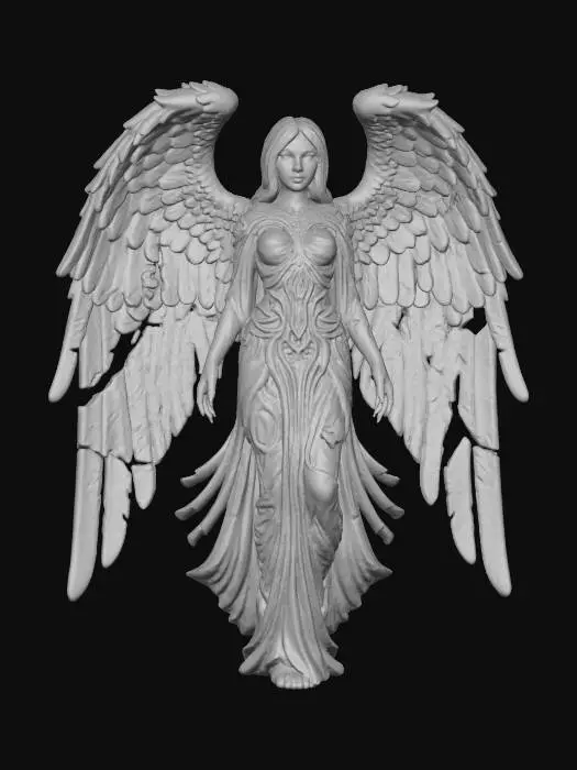 3D model for Highly detailed digital painting of angelic female sculpture, dark fantasy angel of death, beautiful face, made of a dark, weathered stone, possibly obsidian or basalt. She has large, feathered wings that are partially broken and chipped, suggesting age and battles fought. Her face is serene but sorrowful, with eyes that seem to hold ancient secrets. She wears tattered, gothic-style robes that cling to her form. dark and gloomy,
extreme details ,on neutral mid grey background, studio lighting, dark and gloomy, natural muted colors, lost, , gloomy horror, no weapon, design patterns inspired by HR Giger, utterly disturbing,