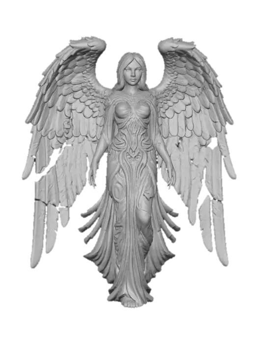 3D model for Highly detailed digital painting of angelic female sculpture, dark fantasy angel of death, beautiful face, made of a dark, weathered stone, possibly obsidian or basalt. She has large, feathered wings that are partially broken and chipped, suggesting age and battles fought. Her face is serene but sorrowful, with eyes that seem to hold ancient secrets. She wears tattered, gothic-style robes that cling to her form. dark and gloomy,  
extreme details ,on neutral mid grey background, studio lighting, dark and gloomy, natural muted colors, lost, , gloomy horror, no weapon, design patterns inspired by HR Giger, utterly disturbing,