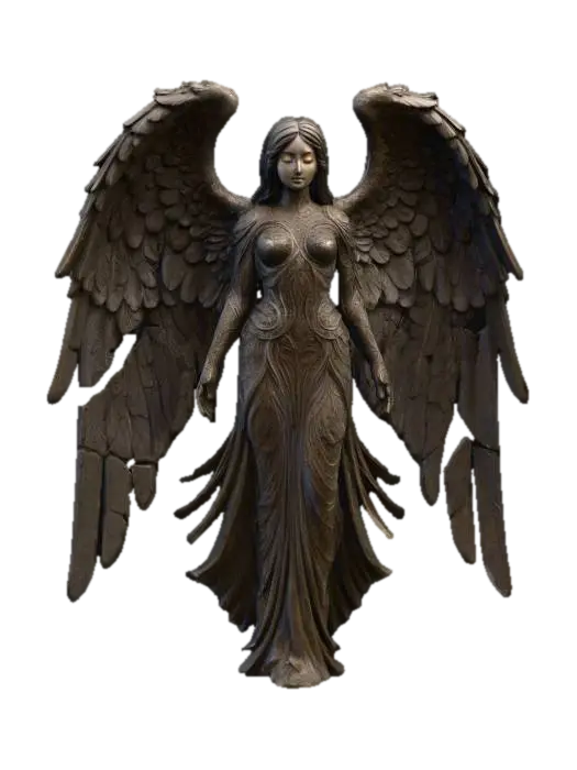 3D model for Highly detailed digital painting of angelic female sculpture, dark fantasy angel of death, beautiful face, made of a dark, weathered stone, possibly obsidian or basalt. She has large, feathered wings that are partially broken and chipped, suggesting age and battles fought. Her face is serene but sorrowful, with eyes that seem to hold ancient secrets. She wears tattered, gothic-style robes that cling to her form. dark and gloomy,  
extreme details ,on neutral mid grey background, studio lighting, dark and gloomy, natural muted colors, lost, , gloomy horror, no weapon, design patterns inspired by HR Giger, utterly disturbing,