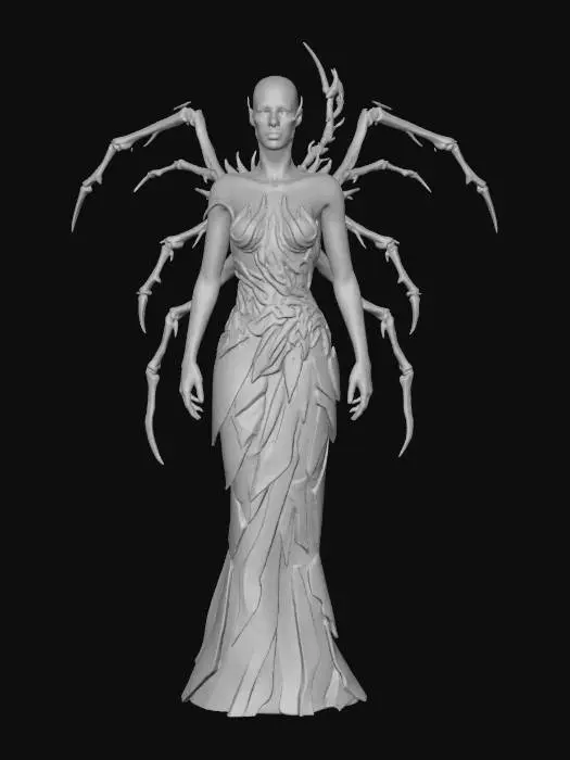 3D model for #Thanksgiving#, full body shot of a a female demoness, bony branches like dark insect limbs are growing from her shoulders and her back, she looks sexy but at the same time disturbing, and spooky, glowing in an unholy, eerie light, she wears a body hugging dress made from black shards of broken glass or carbon, clinging to her perfectly shaped curves, natural colors, dark scfi  fantasy, glowing eyes, pale muted colors, distressed textures, Highly Detailed, Ultra Realistic, well lit, in the style of HR Giger and Zdzisław Beksiński , character concept, extreme details, utterly beautiful but disturbing, on light grey background