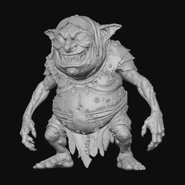 3D model for a grey chavant figurine of a hideous, obese,  cave goblin wearing a big rugged d.i.y. hood, and rough tribal leather d.i.y. attire stitched together with rough leather  strings,   ultra realistic, natural dynamic a pose, extreme details, on neutral mid grey background, studio lighting, exaggerated proportions, long arms, big head and feet, big eyes, wide mouth full of chaotic irregular teeth, evil grin, insane look in his eyes, gnarly look and feel, utterly ugly , infected wrinkly skin covered with blisters, warts and scars,