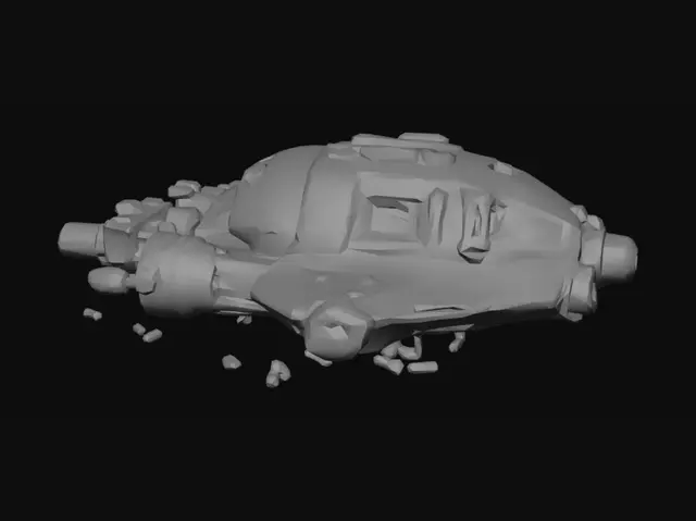 3D model for crashed futuristic spaceship on alien planet, sci-fi, broken hull, glowing cyan energy parts, detailed, game ready, low poly, Roblox style proportions