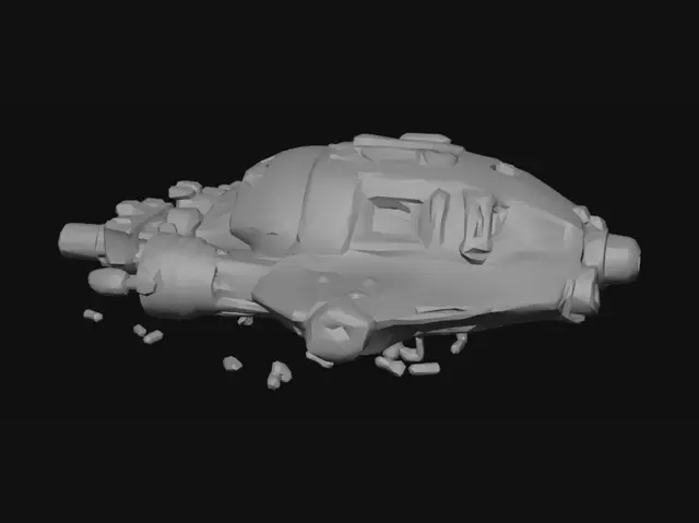 3D model for crashed futuristic spaceship on alien planet, sci-fi, broken hull, glowing cyan energy parts, detailed, game ready, low poly, Roblox style proportions