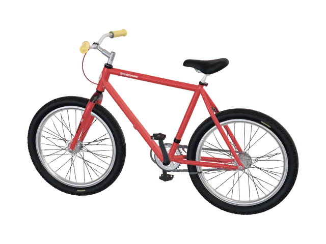 3D model for Stylized red mountain bicycle, cartoon low-poly style, black tires, silver spokes, yellow handle grips, clean topology, game-ready mesh, mobile optimized, suitable for Godot and Blender, high quality PBR materials.