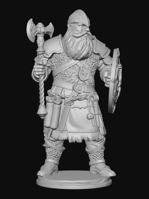 3D model for A dwarf Fighter wearing chain mail armor. He has a warhammer in one hand and a shield in the other. Beard going down his chest. On a small circular base.