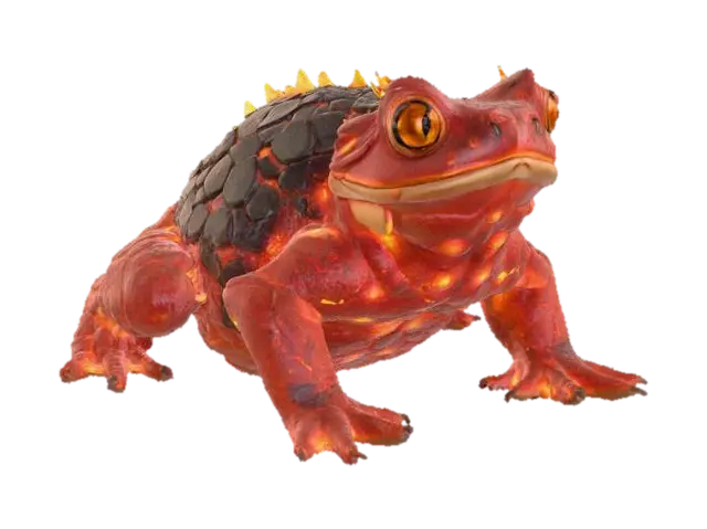3D model for Ultra-realistic monstrous fire toad, hyper-detailed textures, charred stone skin glowing with magma cracks, molten ember eyes, dripping lava from mouth, cinematic creature design, high poly sculpt, photoreal VFX style.
