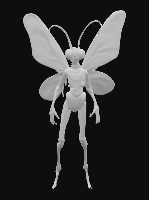 3D model for A tiny insectoid creature called the Poison Pixie. Iridescent wings patterned to resemble delicate humanoid arms and legs. Body is slender, insect-like, with a glossy chitin shell shimmering in greens, purples, and blues. Antennae long and curled, eyes large and multifaceted. Emits faint wisps of toxic, smoky haze from its abdomen. Highly photorealistic, ultra-detailed, vibrant fantasy insect, neutral pose.