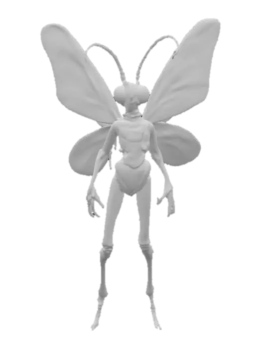 3D model for A tiny insectoid creature called the Poison Pixie. Iridescent wings patterned to resemble delicate humanoid arms and legs. Body is slender, insect-like, with a glossy chitin shell shimmering in greens, purples, and blues. Antennae long and curled, eyes large and multifaceted. Emits faint wisps of toxic, smoky haze from its abdomen. Highly photorealistic, ultra-detailed, vibrant fantasy insect, neutral pose.