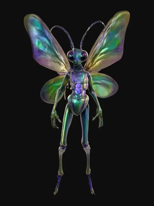 3D model for A tiny insectoid creature called the Poison Pixie. Iridescent wings patterned to resemble delicate humanoid arms and legs. Body is slender, insect-like, with a glossy chitin shell shimmering in greens, purples, and blues. Antennae long and curled, eyes large and multifaceted. Emits faint wisps of toxic, smoky haze from its abdomen. Highly photorealistic, ultra-detailed, vibrant fantasy insect, neutral pose.