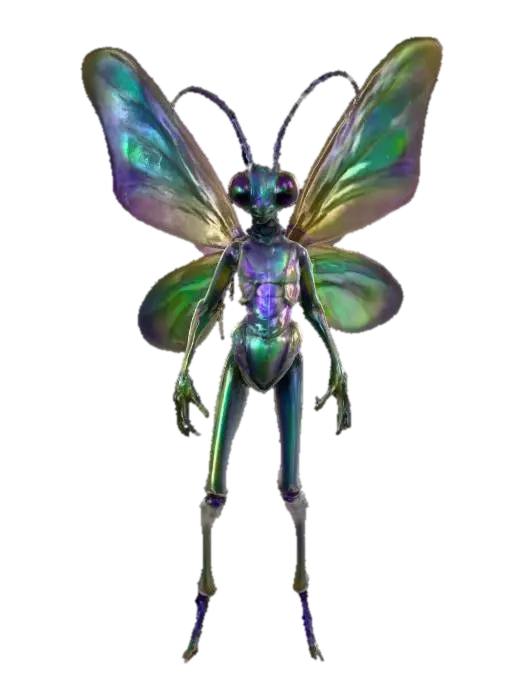 3D model for A tiny insectoid creature called the Poison Pixie. Iridescent wings patterned to resemble delicate humanoid arms and legs. Body is slender, insect-like, with a glossy chitin shell shimmering in greens, purples, and blues. Antennae long and curled, eyes large and multifaceted. Emits faint wisps of toxic, smoky haze from its abdomen. Highly photorealistic, ultra-detailed, vibrant fantasy insect, neutral pose.