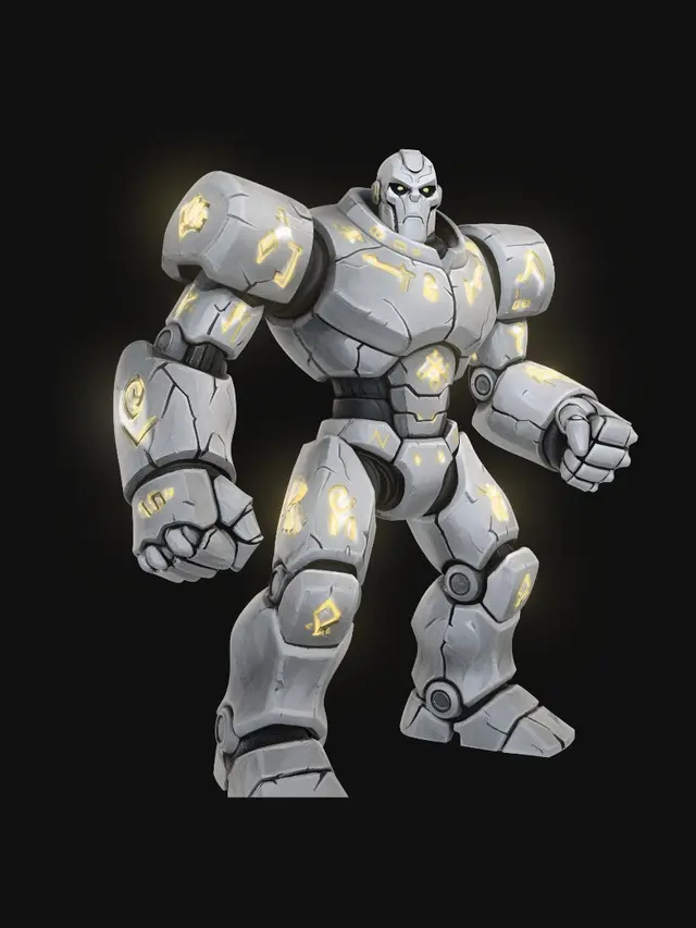 3D model for Highly detailed fantasy portrait, digital painting in the style of Hearthstone, bold painterly brushwork, exaggerated yet semi-realistic proportions, vibrant colors, dramatic lighting. The minion is centered in the frame at 3/4 body perspective with room around them to show the surrounding scene, posed dynamically and occupying most of the canvas. A towering stone construct carved from marble with perfect symmetry, glowing golden runes etched across its body, posture solid and unwavering. The background forms a small scenic vignette, richly detailed yet softly blurred: monumental temple steps beneath it, radiant beams of light spilling across engraved stone, whimsical and majestic.