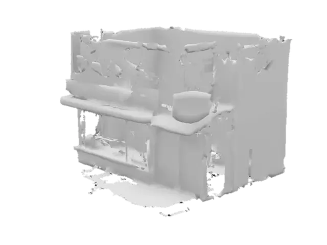 3D model for 汉堡店外观：破旧的店面，闪烁的霓虹灯。呈现恐怖的感觉。汉堡店里面有厨房，垃圾桶，厕所厨房里有一个绞肉机。