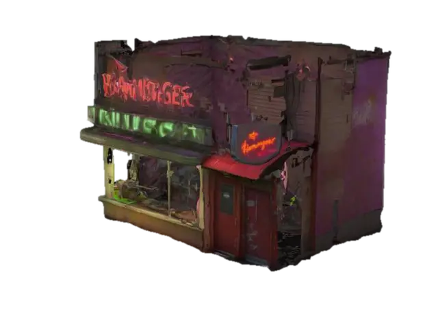 3D model for 汉堡店外观：破旧的店面，闪烁的霓虹灯。呈现恐怖的感觉。汉堡店里面有厨房，垃圾桶，厕所厨房里有一个绞肉机。