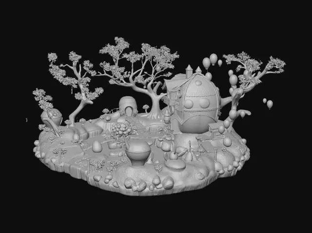 3D model for Isometric diorama of a fantastical Easter egg treehouse village in a giant blooming cherry blossom tree, tiny cozy houses built inside oversized decorated Easter eggs with round windows and glowing warm light inside, connected by wooden rope bridges and spiral staircases wrapping around branches, a waterfall cascading down from a cracked egg into a sparkling turquoise pond at the base surrounded by lush green moss and ferns, colorful hot air balloons shaped like Easter eggs floating in the sky, baby chicks and rabbits on tiny balconies, hanging lanterns and flower garlands draped between branches, petals falling everywhere, butterflies and hummingbirds in flight, vibrant saturated spring colors with pink purple teal gold and soft green, magical golden hour sunlight with warm volumetric ray