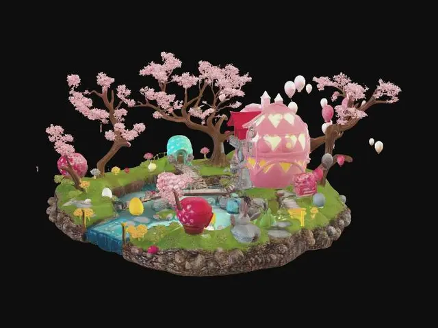 3D model for Isometric diorama of a fantastical Easter egg treehouse village in a giant blooming cherry blossom tree, tiny cozy houses built inside oversized decorated Easter eggs with round windows and glowing warm light inside, connected by wooden rope bridges and spiral staircases wrapping around branches, a waterfall cascading down from a cracked egg into a sparkling turquoise pond at the base surrounded by lush green moss and ferns, colorful hot air balloons shaped like Easter eggs floating in the sky, baby chicks and rabbits on tiny balconies, hanging lanterns and flower garlands draped between branches, petals falling everywhere, butterflies and hummingbirds in flight, vibrant saturated spring colors with pink purple teal gold and soft green, magical golden hour sunlight with warm volumetric ray