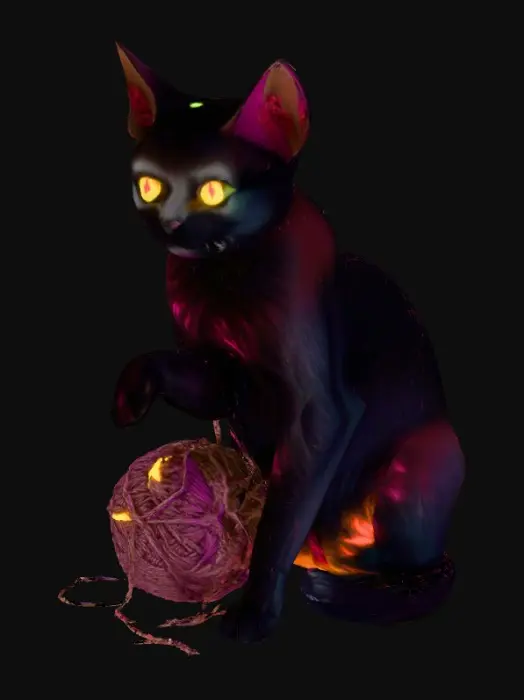 3D model for Nyxie Nibbles
	•	Style: Mischievous shadow cat with glowing X-eyes and stitched tail
	•	Accessory: Severed yarn ball
	•	Sigil: Crescent on paw
	•	Vibe: Purrs while plotting your downfall